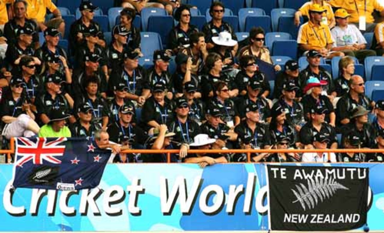 A battery of NewZealand fans watch in rapt attention as NZ chase 194, , New Zealand v South Africa, Super Eights, Grenada, April 14, 2007