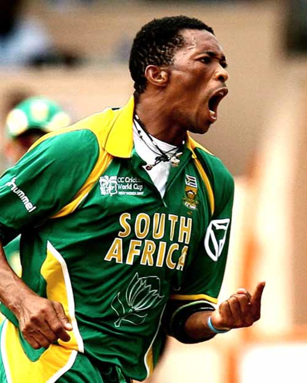 Makhaya Ntini is pumped up after removing Peter Fulton, New Zealand v South Africa, Super Eights, Grenada, April 14, 2007