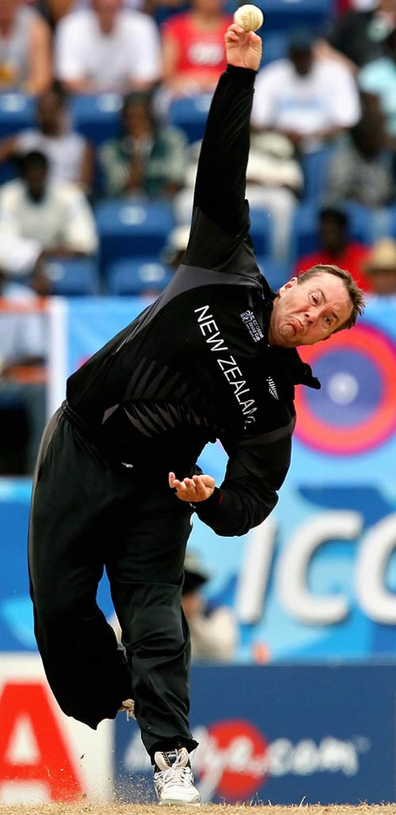 Craig McMillan bowls during his impressive spell of 3 for 23 from five overs, New Zealand v South Africa, Super Eights, Grenada, April 14, 2007 