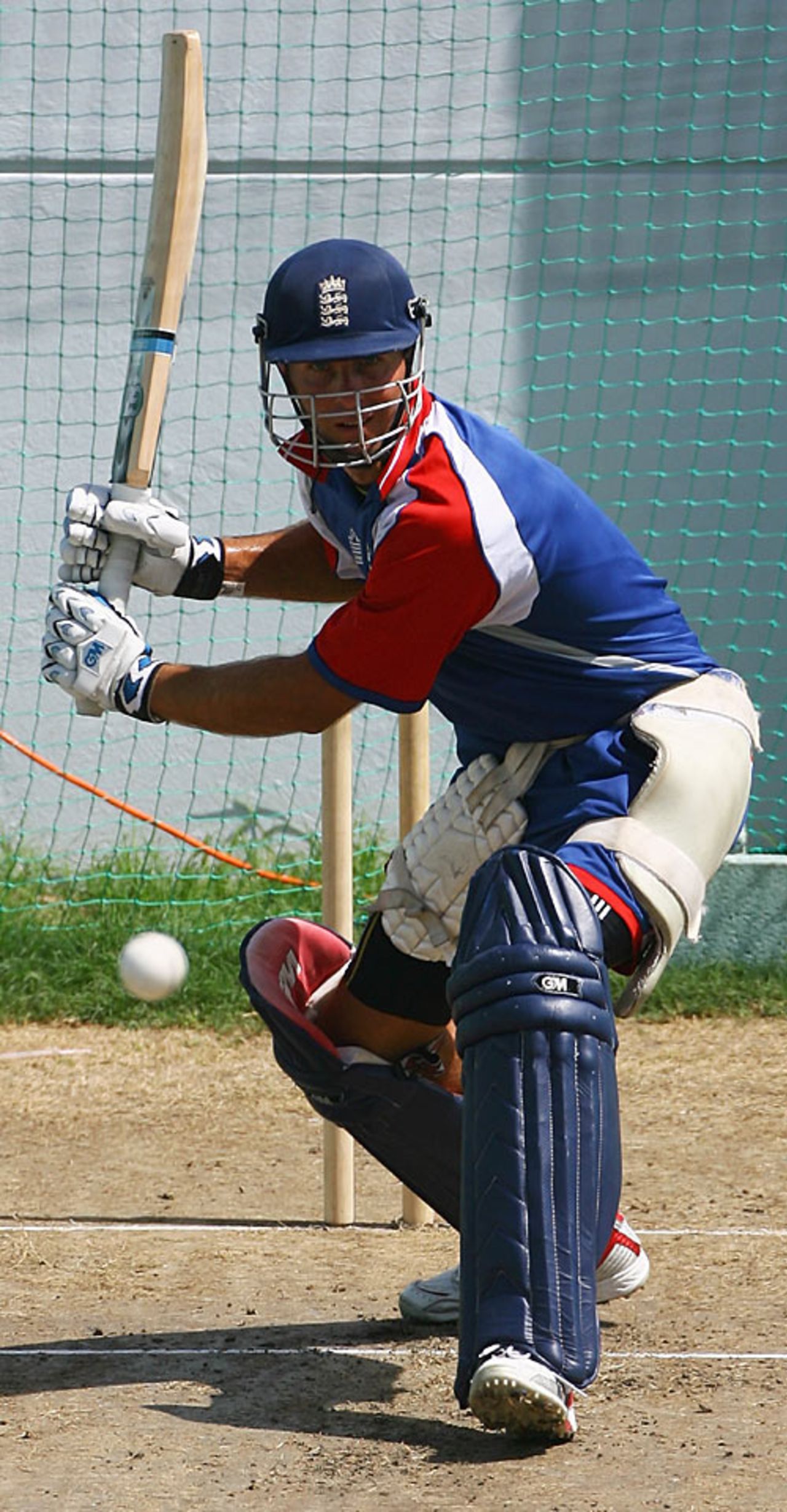 Michael Vaughan tries to find the middle of his bat ahead of England's crunch match against South Africa, Barbados, April 16, 2007