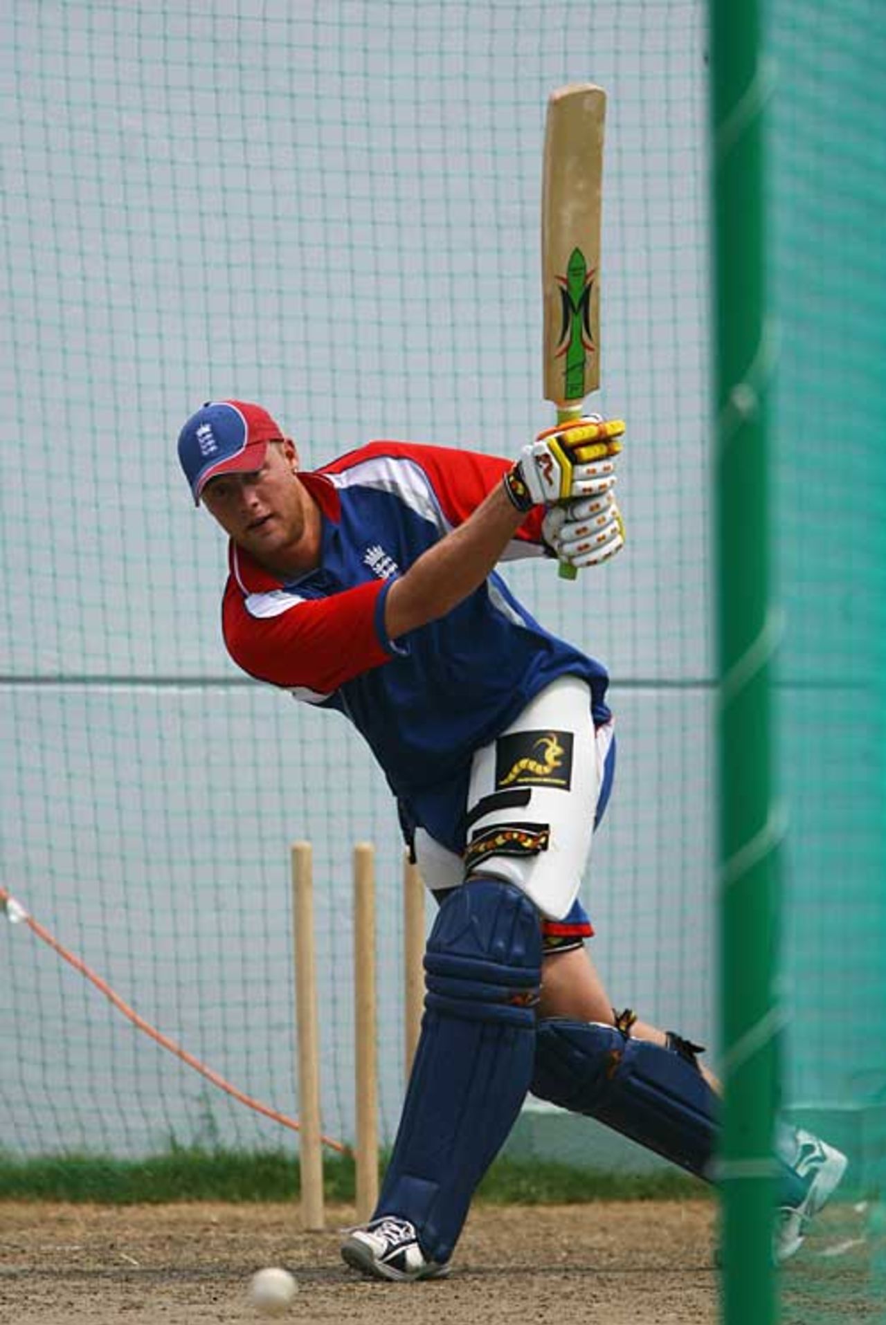 Andrew Flintoff clubs one out of the nets as he prepares to face South Africa, Barbados, April 16, 2007