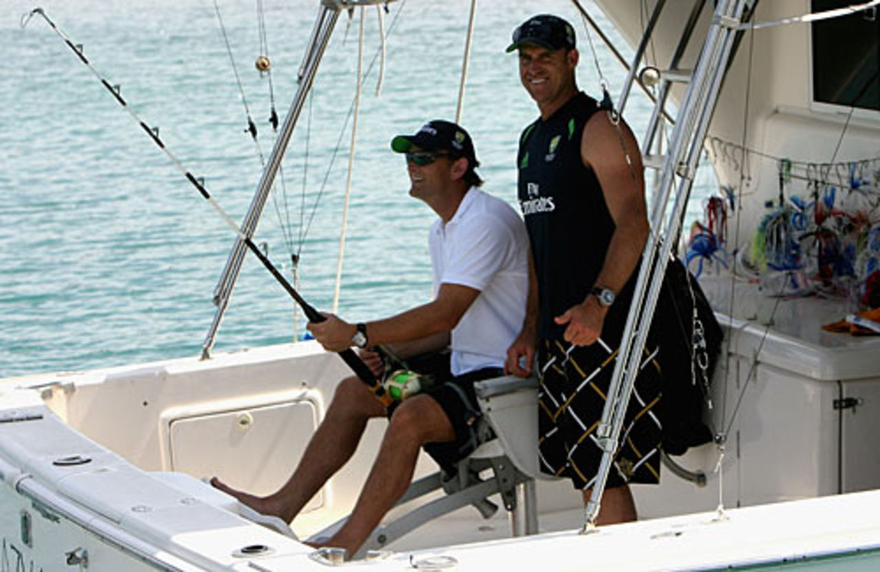 Adam Gilchrist and Matthew Hayden try their hand at fishing, Prickly Bay, Grenada, April 17, 2007