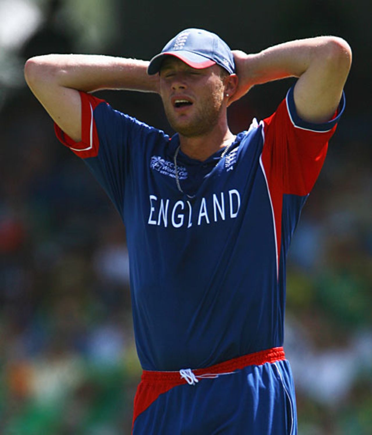 Andrew Flintoff stands with hands on head as South Africa administer England a drubbing, England v South Africa, Super Eights, Barbados, April 17, 2007