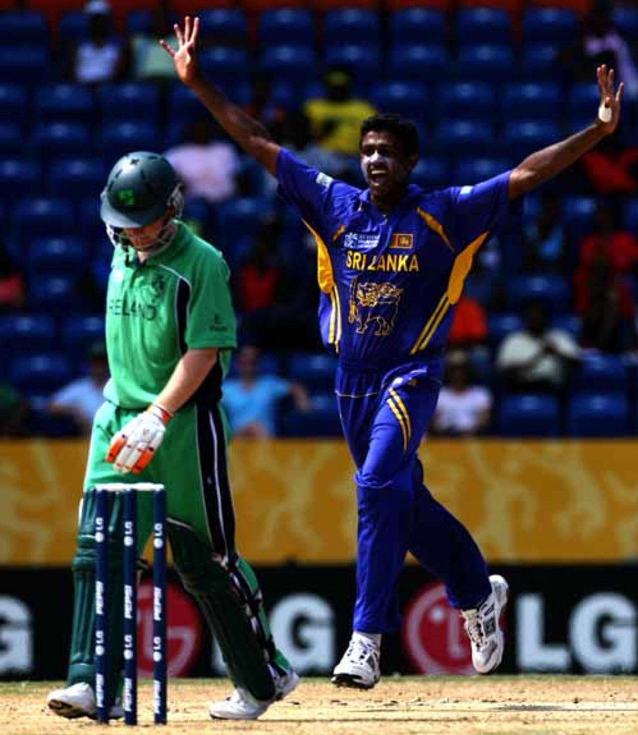 Farveez Maharoof celebrates the wicket of Eoin Morgan who was out for a duck, Ireland v Sri Lanka, Super Eights, National Stadium, Grenada, April 18, 2007