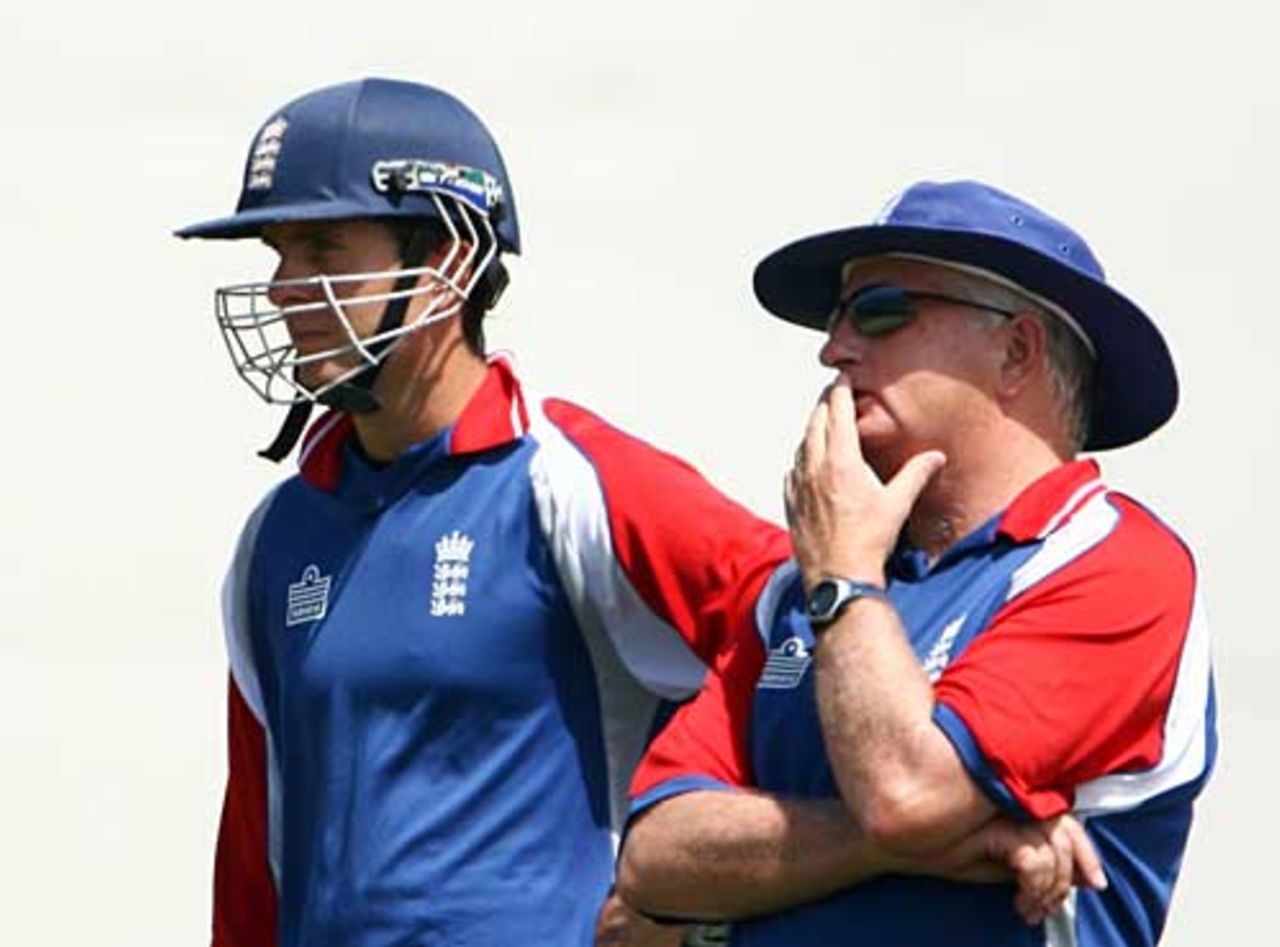 Duncan Fletcher takes one of his last England training sessions alongside Michael Vaughan, Barbados, April 19, 2007