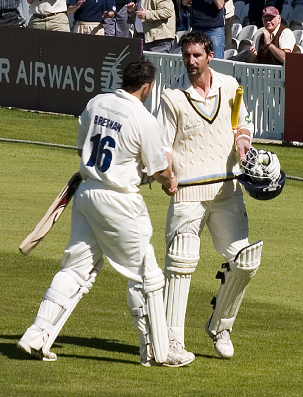 Jason Gillespie congratulates Tim Bresnan on his 116 after Yorkshire declare on 594 for 9, Surrey v Yorkshire, County Championship Division One, The Oval, April 19, 2007