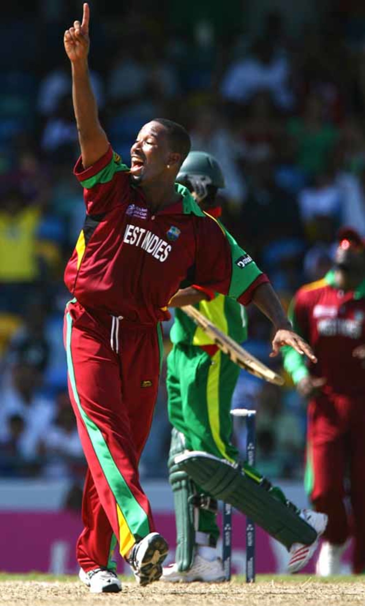 Corey Collymore celebrates after having Saqibul Hasan caught behind for a duck, West Indies v Bangladesh, Super Eights, Barbados, April 19, 2007