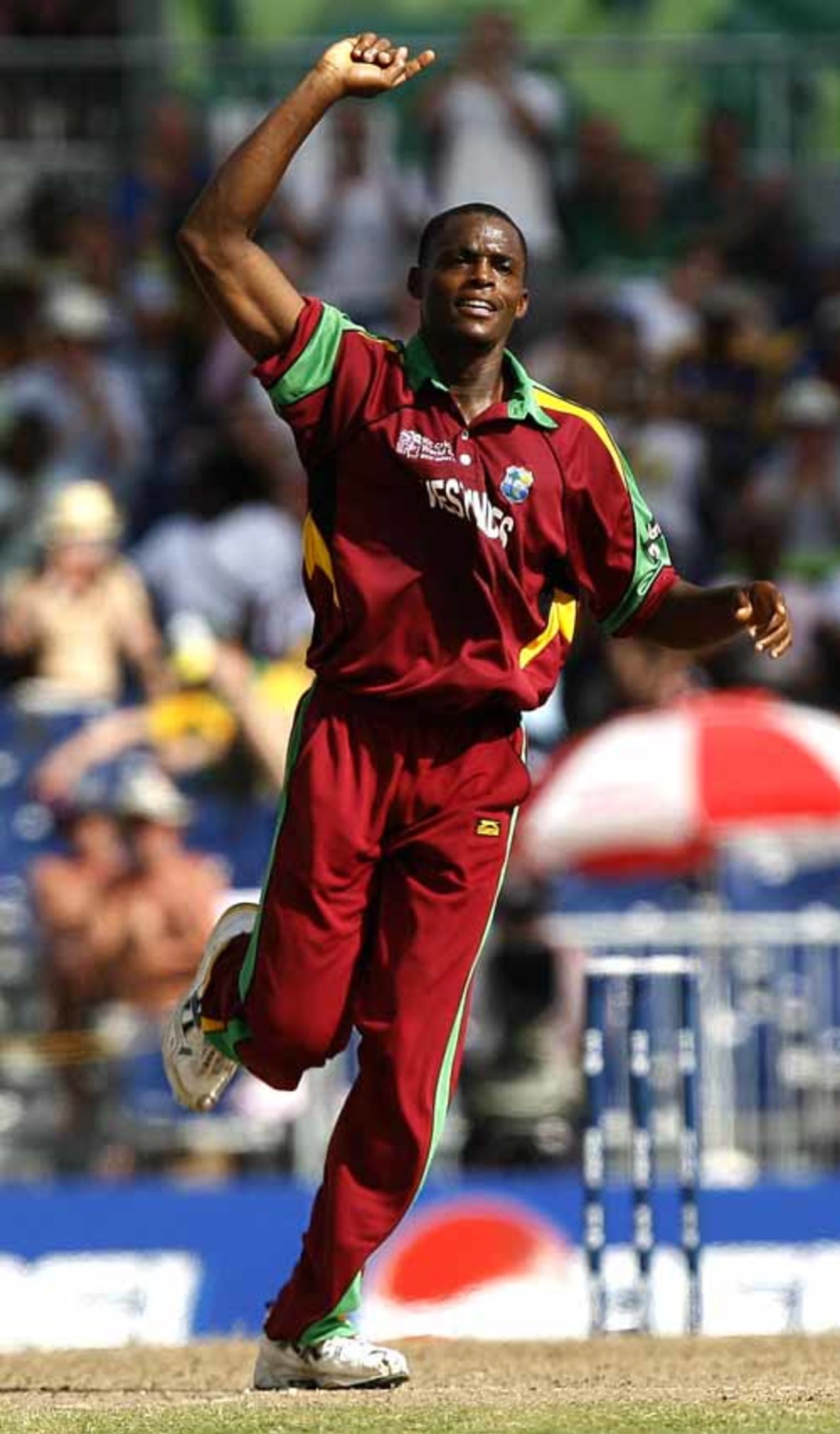 Daren Powell celebrates the wicket of Habibul Bashar as Bangladesh crumble to 52 for 6, West Indies v Bangladesh, Super Eights, Barbados, April 19, 2007