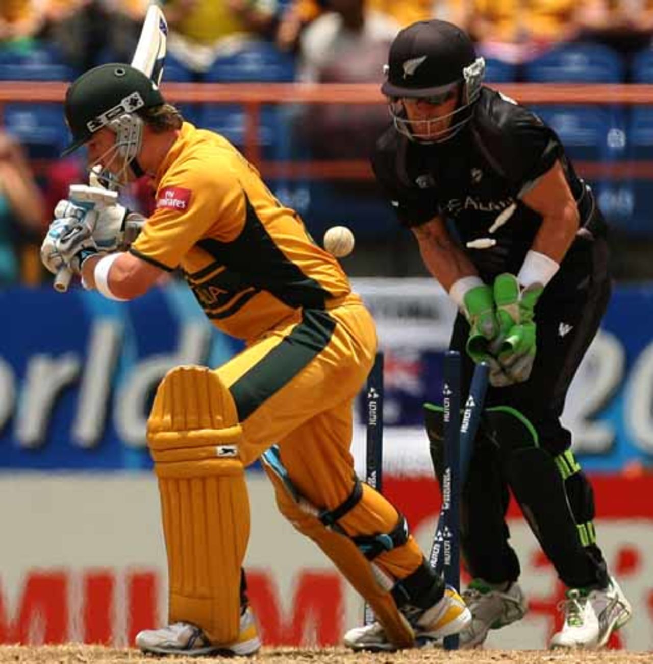 Michael Clarke attempts no shot and is bowled by James Franklin, Australia v New Zealand, Super Eights, Grenada, April 20, 2007