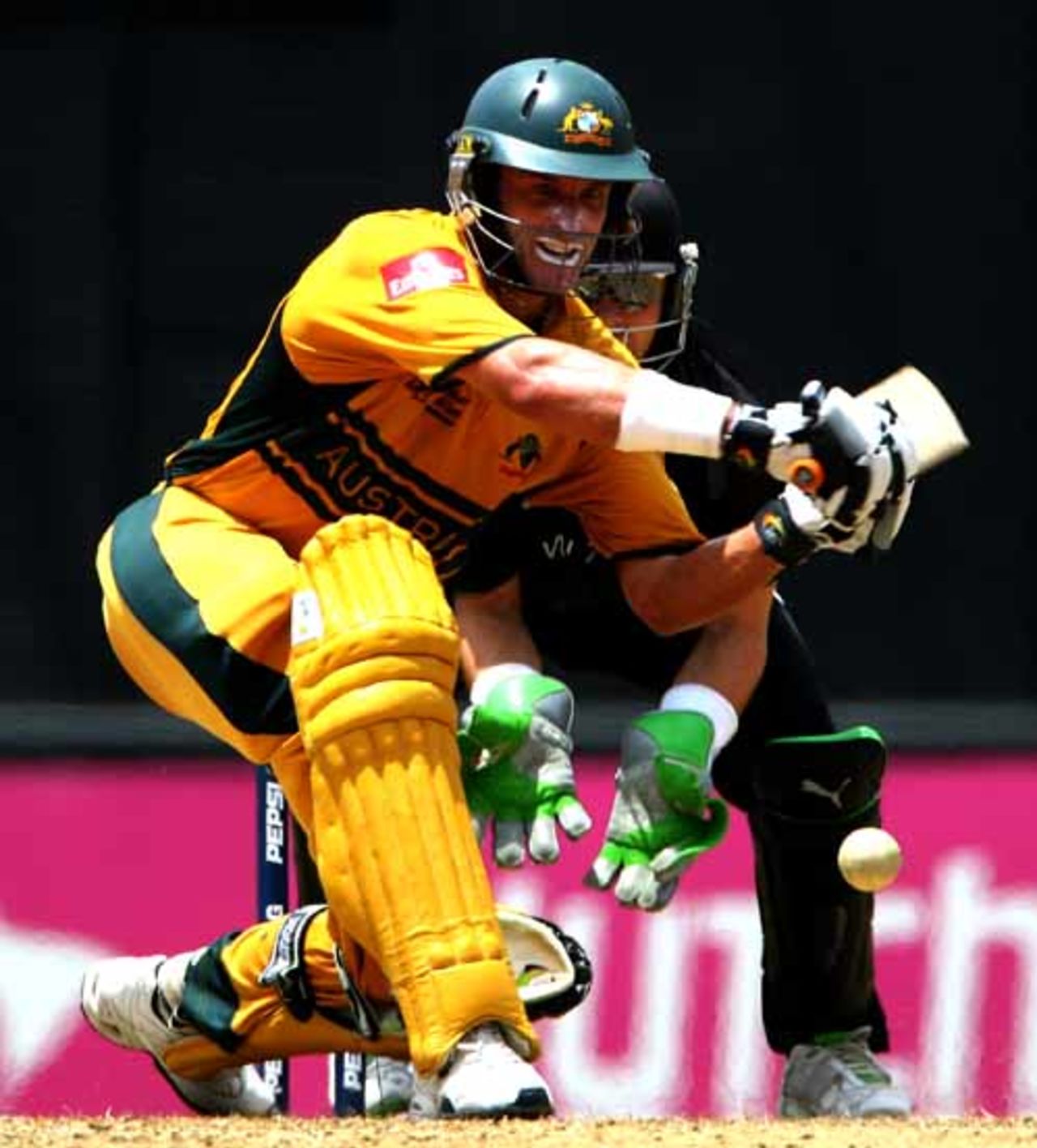 Mike Hussey gets down on his knee to sweep, Australia v New Zealand, Super Eights, Grenada, April 20, 2007