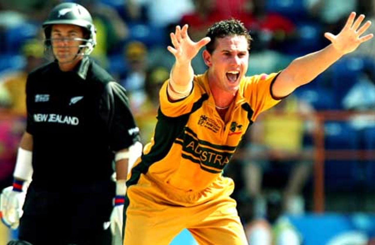 Shaun Tait successfully appeals for an lbw decision against Craig McMillan, Australia v New Zealand, Super Eights, Grenada, April 20, 2007