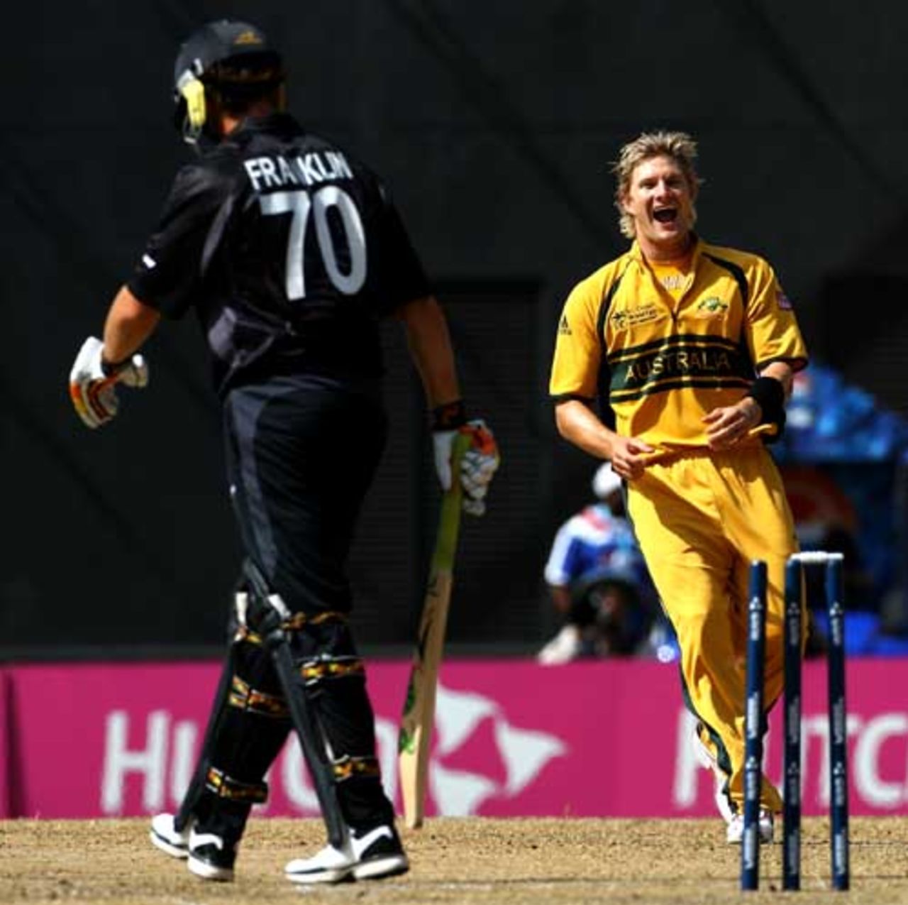 Shane Watson celebrates after bowling James Franklin, Australia v New Zealand, Super Eights, Grenada, April 20, 2007
