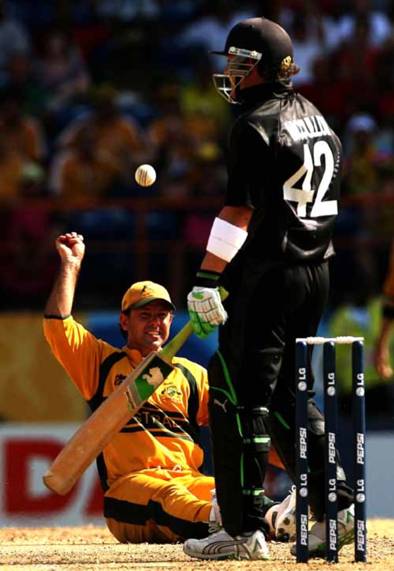 Ricky Ponting prematurely celebrates what he believed was a catch to dismiss Brendon McCullum, Australia v New Zealand, Super Eights, Grenada, April 20, 2007