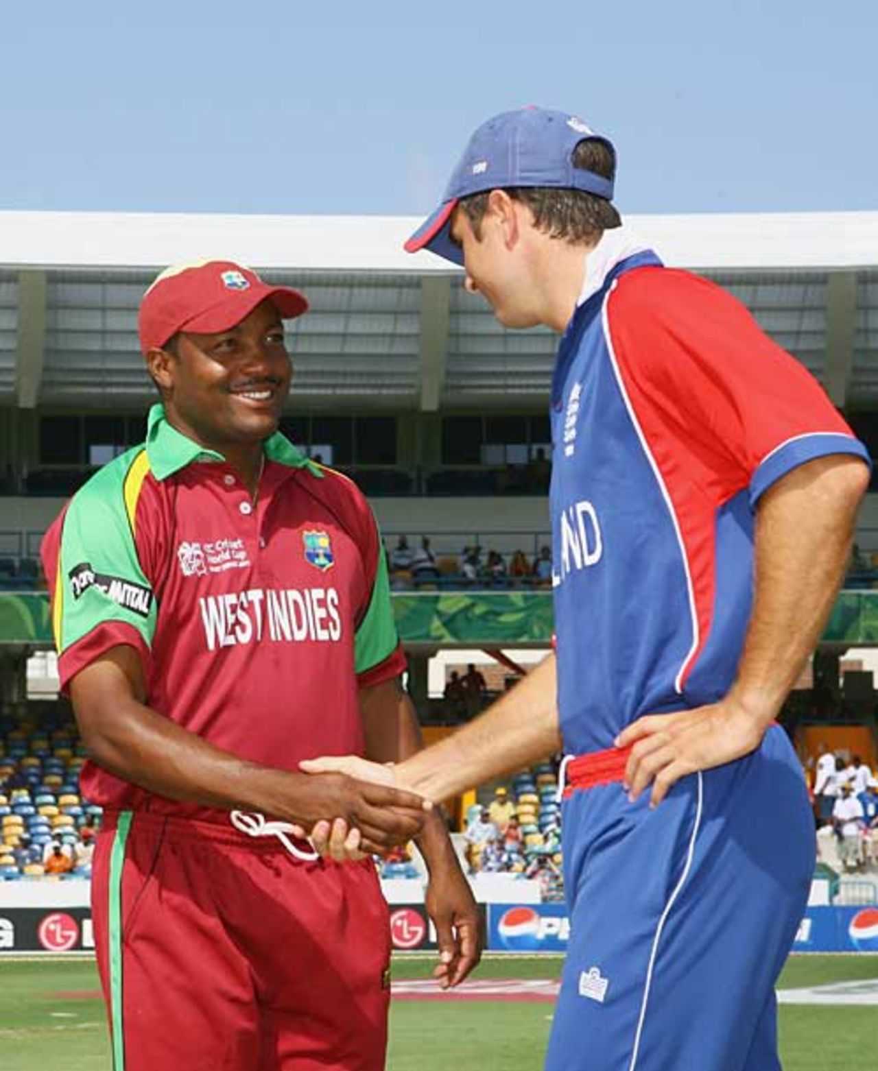 Michael Vaughan shakes hands with Brian Lara at the toss, England v West Indies, Super Eights, Barbados, April 21, 2007