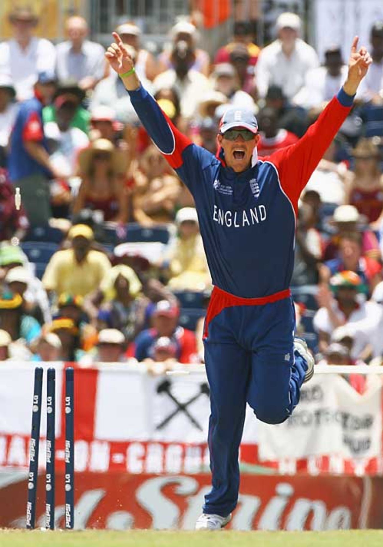Kevin Pietersen enjoys his moment after running out Brian Lara, England v West Indies, Super Eights, Barbados, April 21, 2007