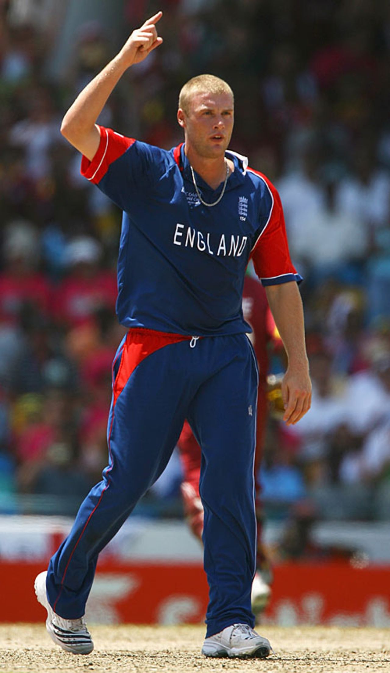Subdued celebrations for Andrew Flintoff after running out Daren Powell, England v West Indies, Super Eights, Barbados, April 21, 2007