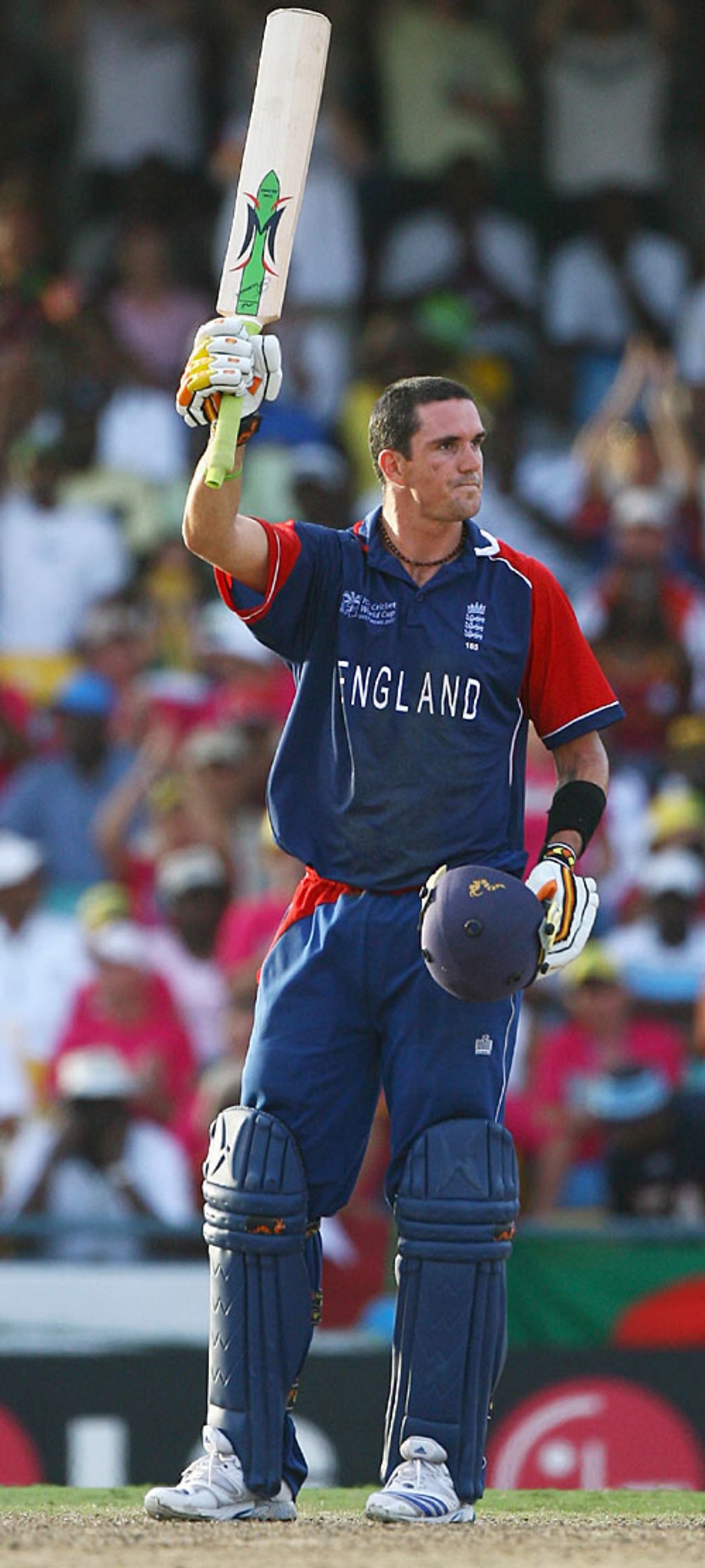 Kevin Pietersen acknowledges applause for his fifth one-day hundred, England v West Indies, Super Eights, Barbados, April 21, 2007