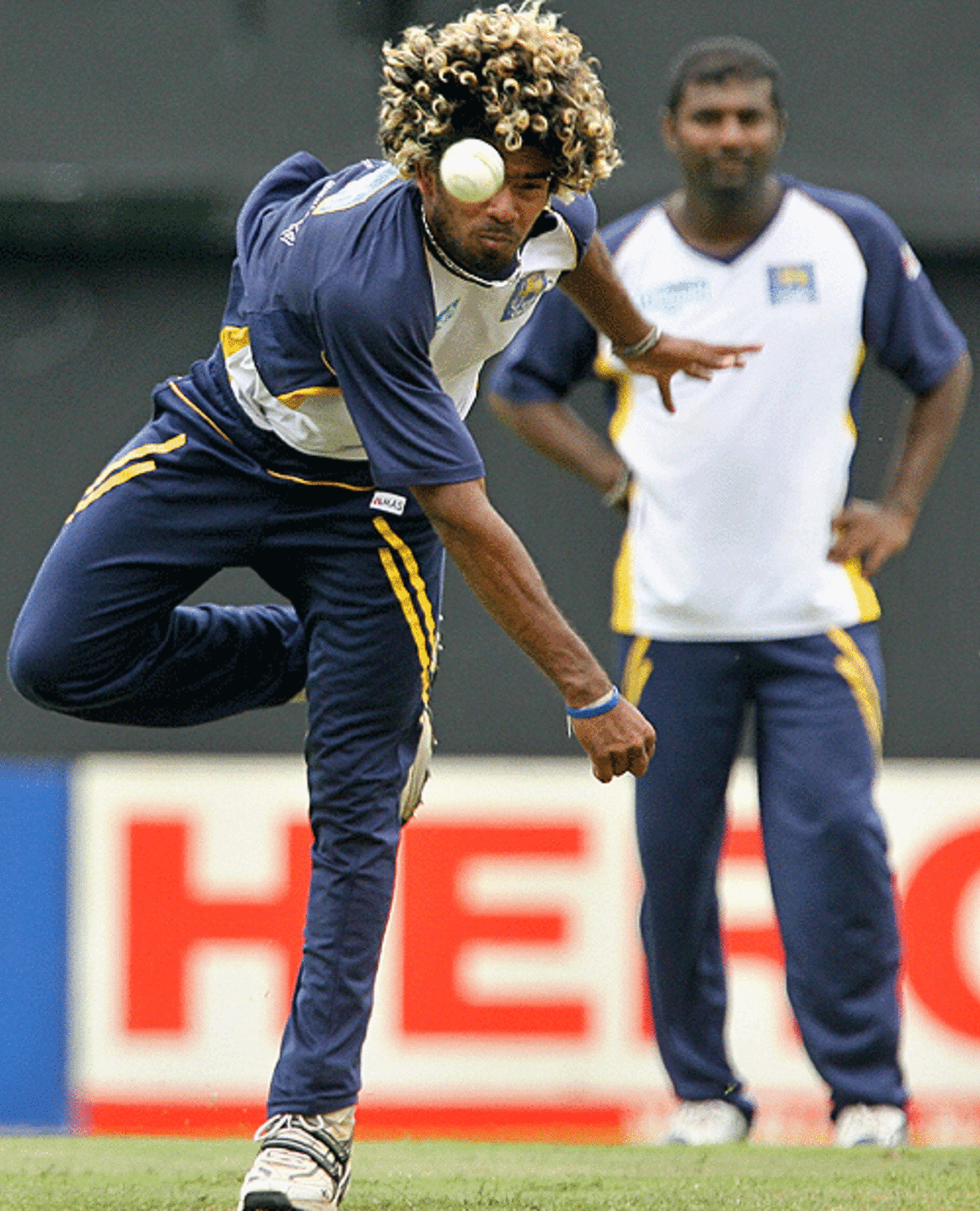 Lasith Malinga delivers the ball at nets, Sabina Park, Jamaica, April 23, 2007