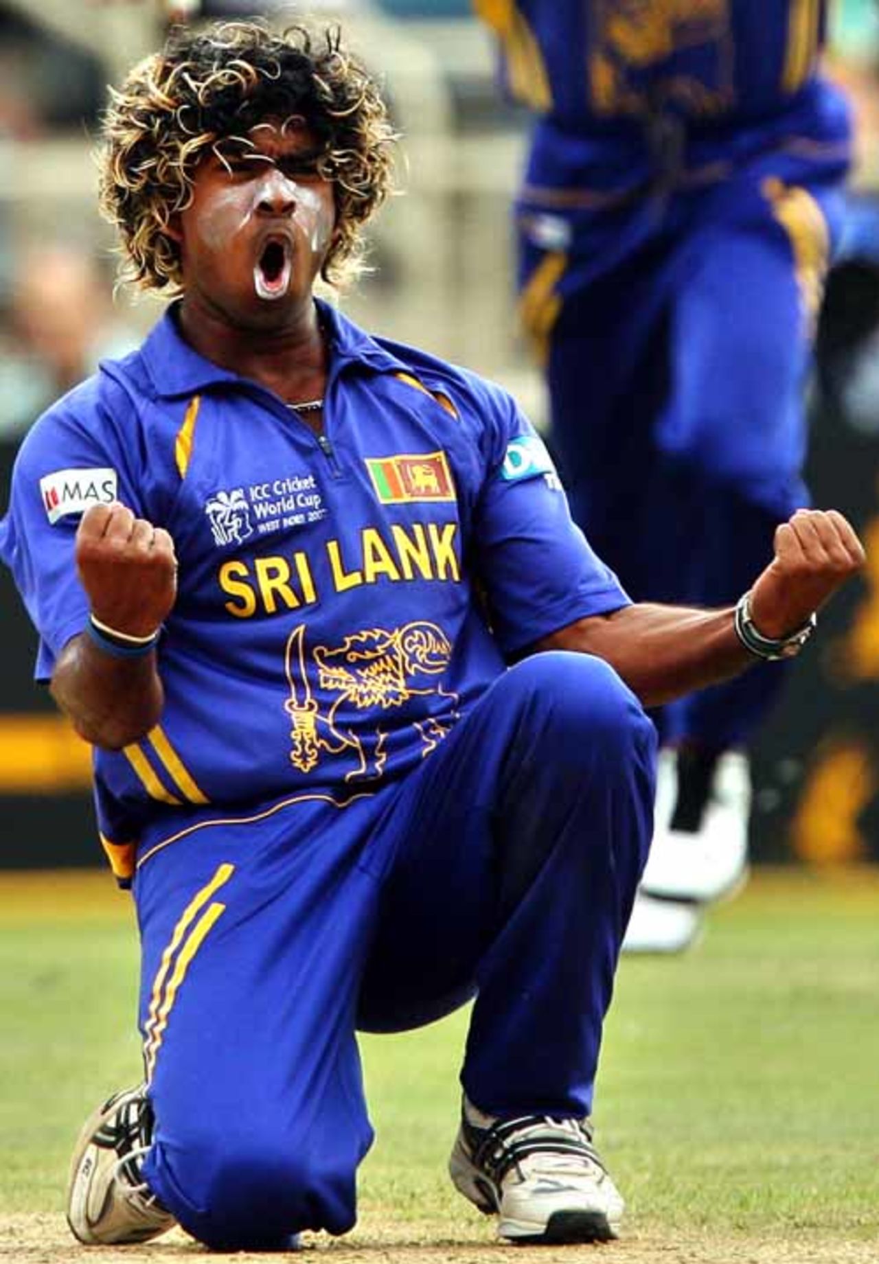 Lasith Malinga celebrates the wicket of Stephen Fleming for one, New Zealand v Sri Lanka, 1st semi-final, Jamaica, April 24, 2007