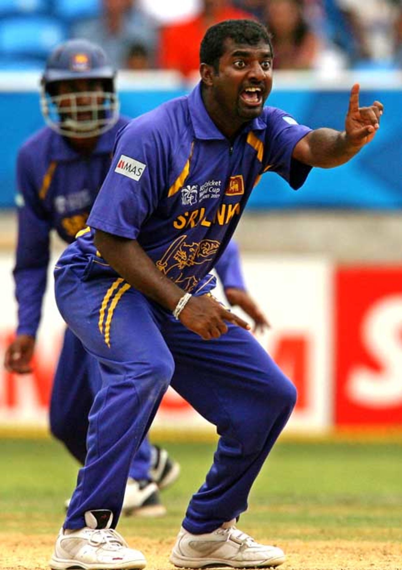 Muthiah Muralitharan screams out a vociferous appeal, New Zealand v Sri Lanka, 1st semi-final, Jamaica, April 24