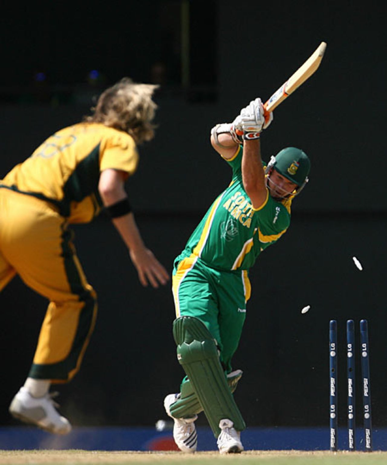 Graeme Smith is bowled by Nathan Bracken, Australia v South Africa, 2nd semi-final, St Lucia, April 25, 2007