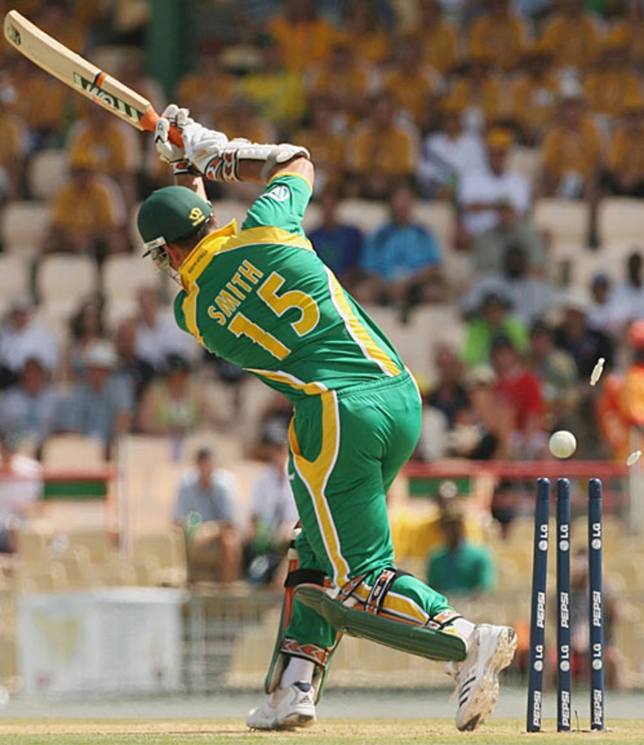 Graeme Smith is bowled by Nathan Bracken, Australia v South Africa, 2nd semi-final, St Lucia, April 25, 2007