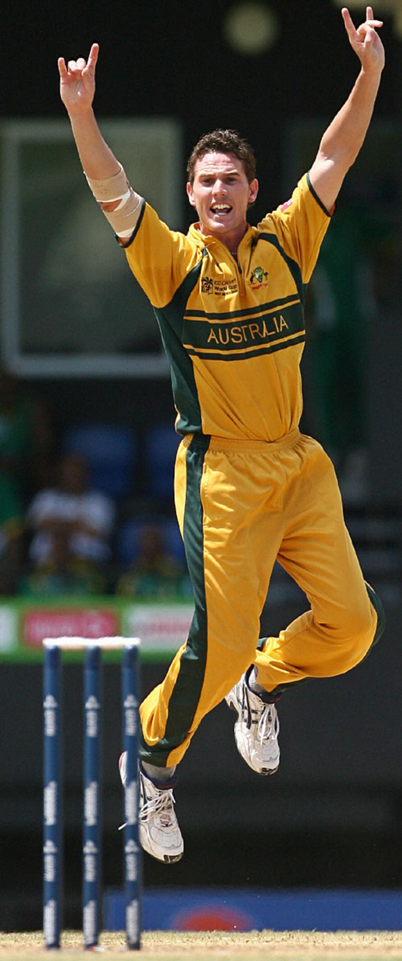 Shaun Tait signals his delight in picking up another wicket, Australia v South Africa, 2nd semi-final, St Lucia, April 25, 2007