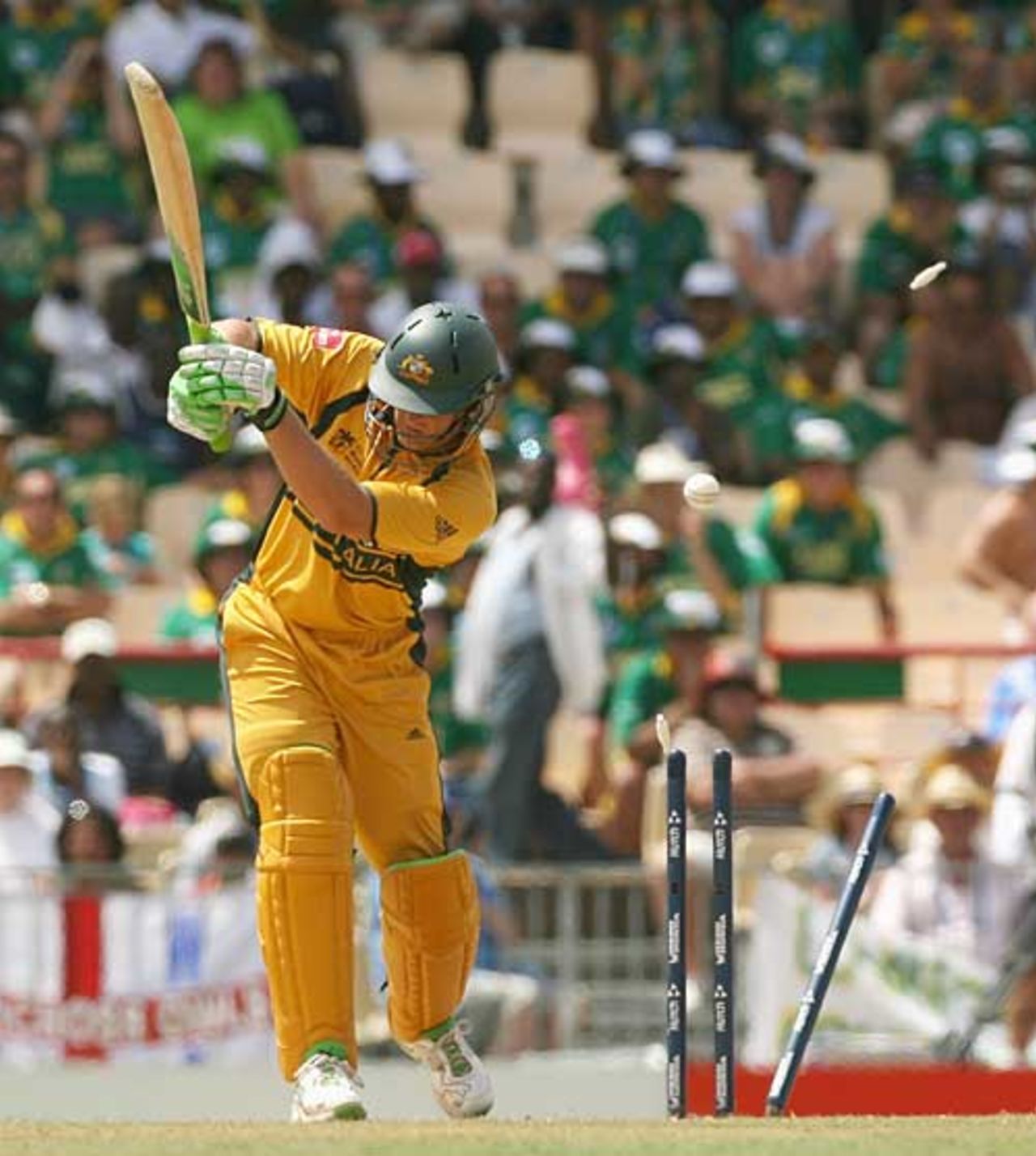 Adam Gilchrist is castled by Charl Langeveldt, Australia v South Africa, 2nd semi-final, St Lucia, April 25, 2007