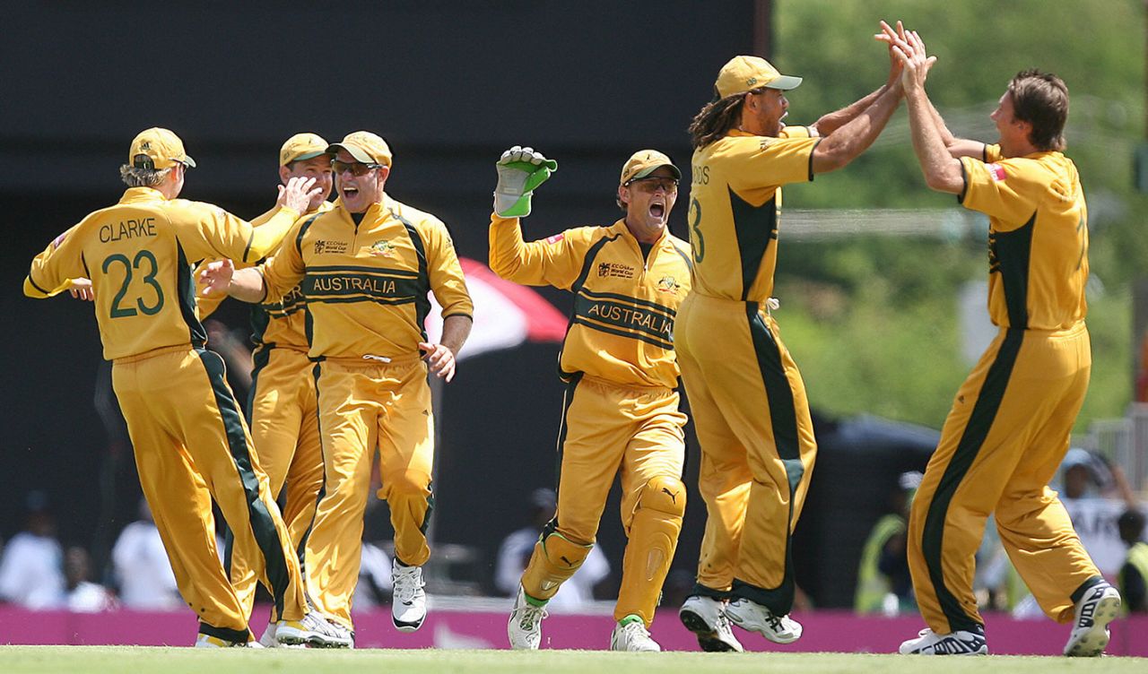 Andrew Symonds congratulates Glenn McGrath on a wicket, Australia v South Africa, 2nd semi-final, St Lucia, April 25, 2007