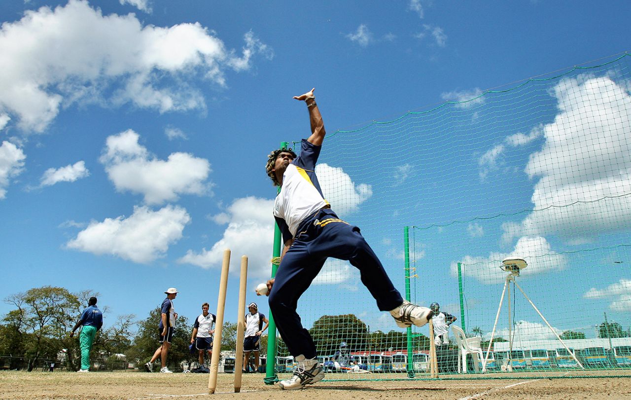 Lasith Malinga slings one down in the nets, Barbados, April 26, 2007