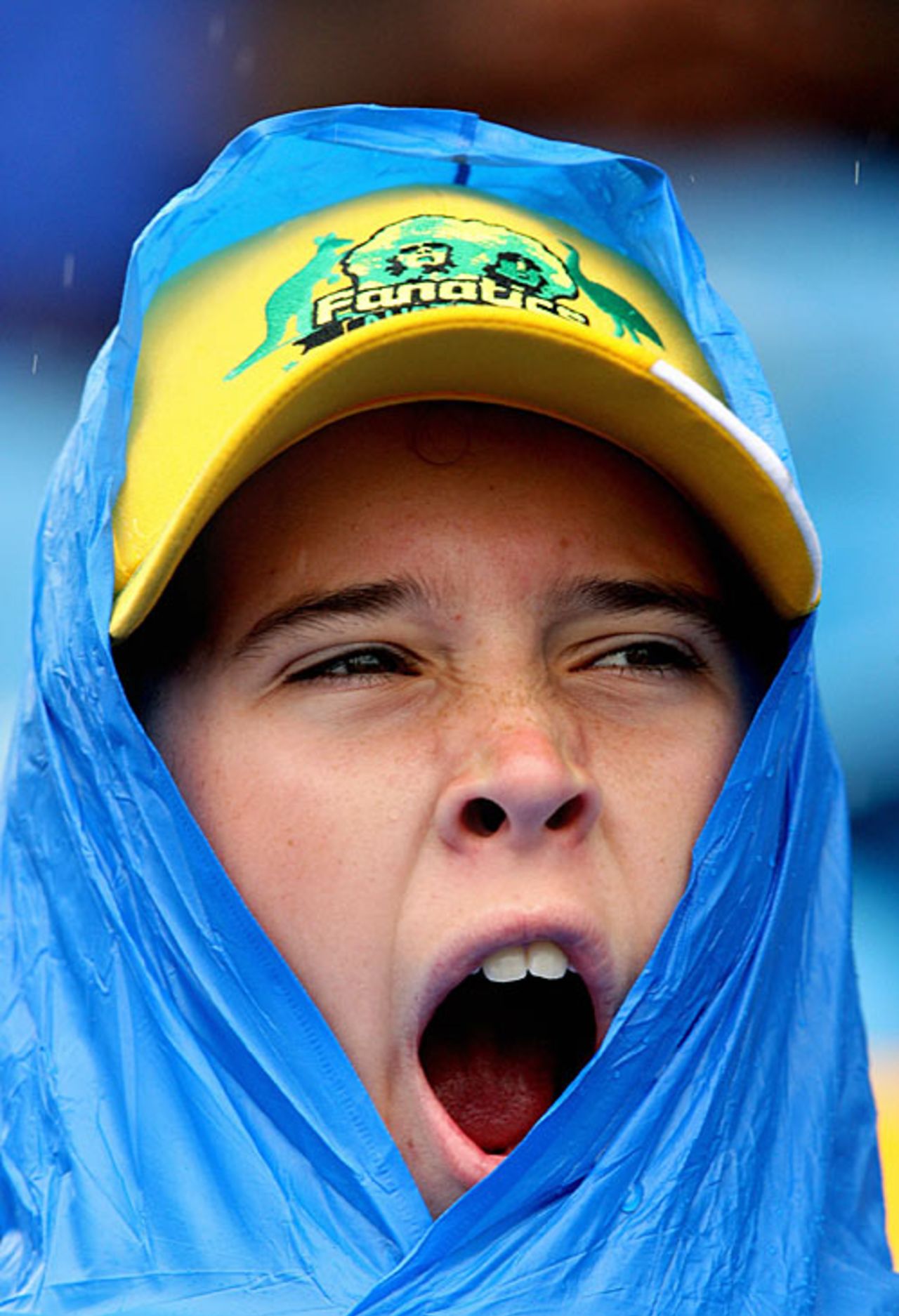 It's all too much. An Australia fan yawns while sheltering from the rain during the final, Australia v Sri Lanka, World Cup final, Barbados, April 28, 2007
