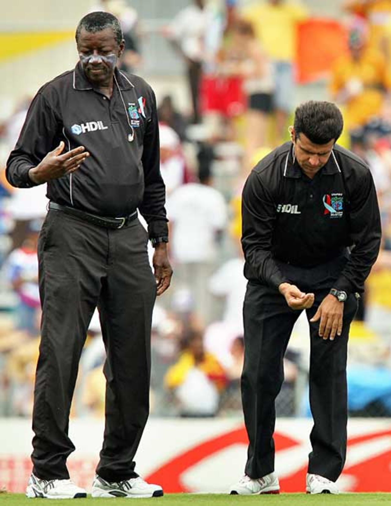 Steve Bucknor and Aleem Dar inspect conditions, Australia v Sri Lanka, World Cup final, Barbados, April 28, 2007