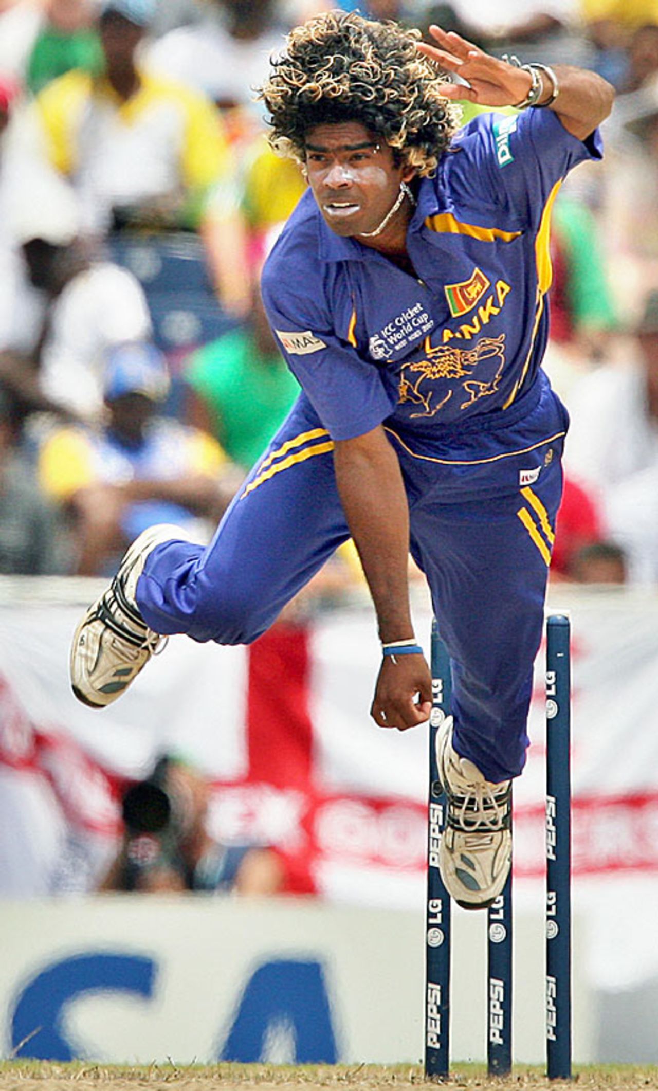 Lasith Malinga lets fly another delivery during the final, Australia v Sri Lanka, World Cup final, Barbados, April 28, 2007
