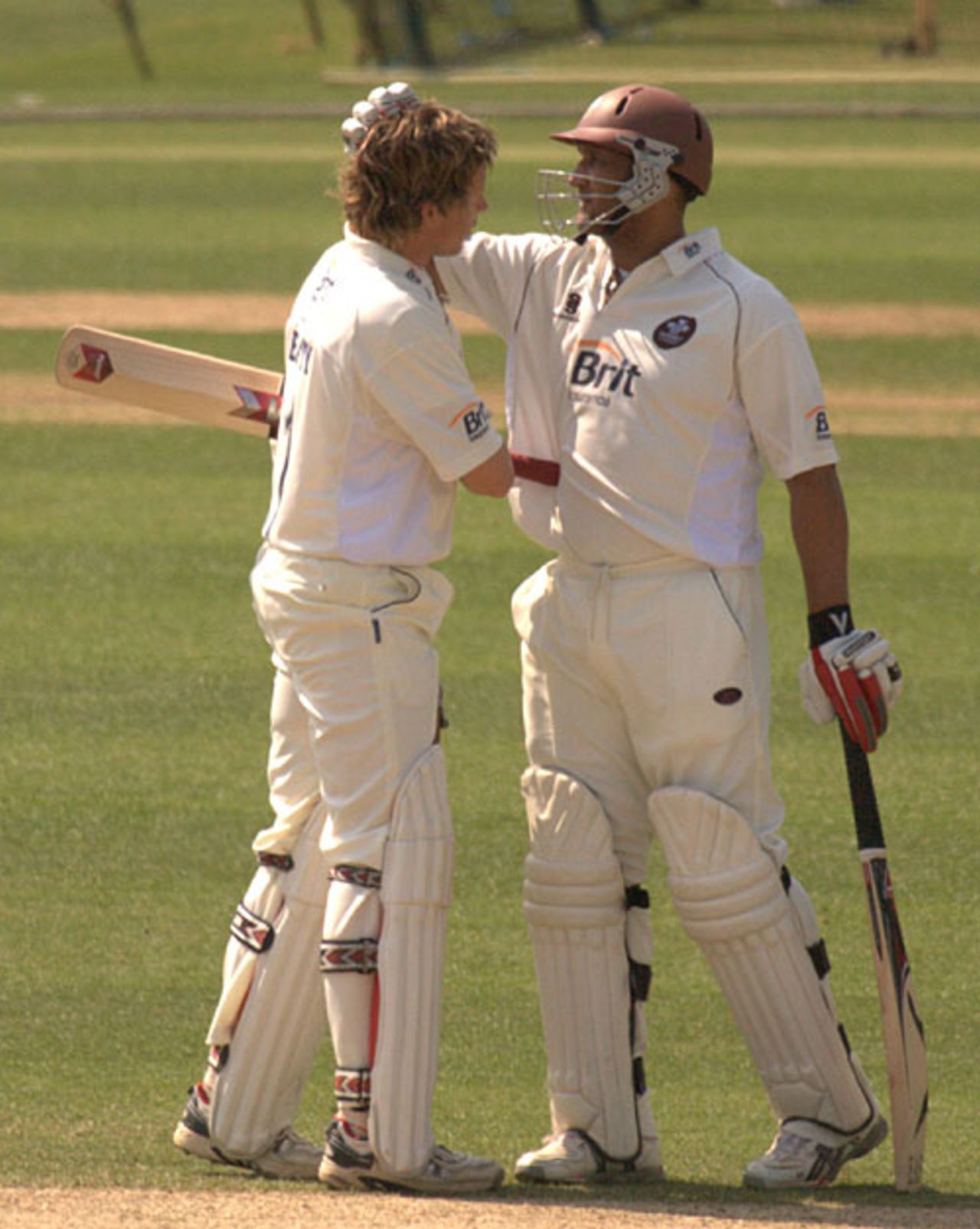 Mark Butcher congratulates Jonathan Batty on his hundred, Surrey v Hampshire, The Oval, April 28, 2007