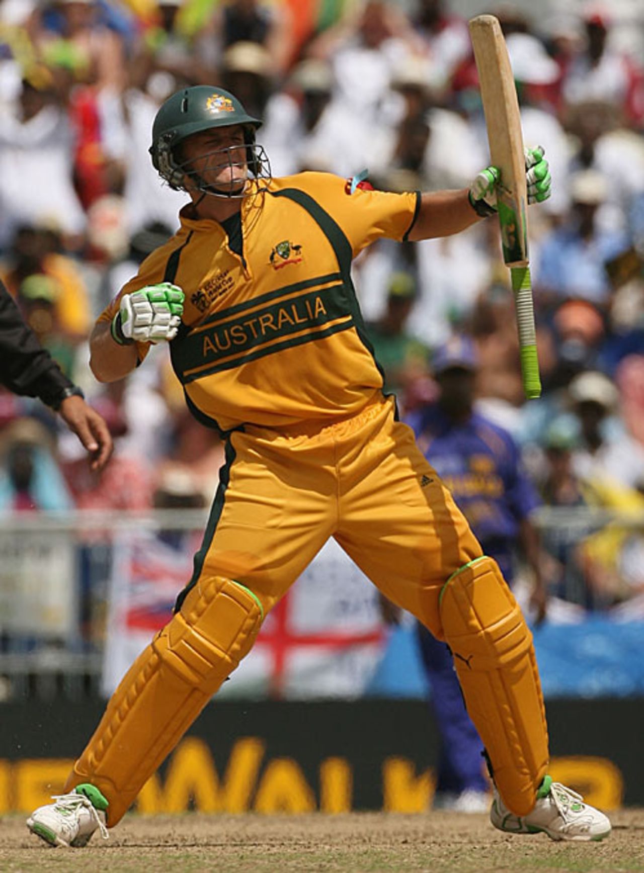 Adam Gilchrist punches the air after reaching his 72-ball hundred in the World Cup final, Australia v Sri Lanka, World Cup final, Barbados, April 28, 2007