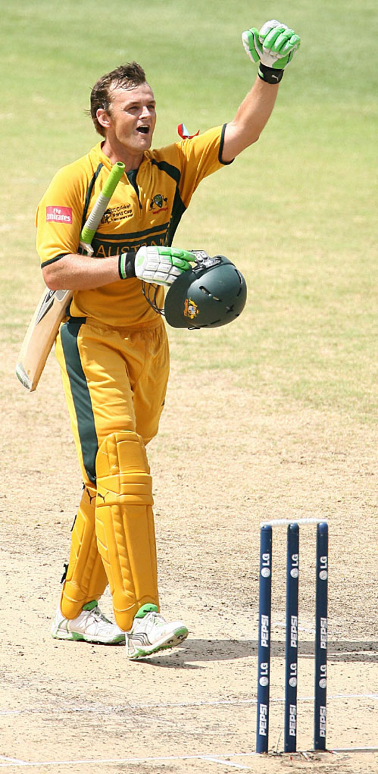 Adam Gilchrist salutes his team-mates in the dressing room after smacking a 72-ball hundred, Australia v Sri Lanka, World Cup final, Barbados, April 28, 2007