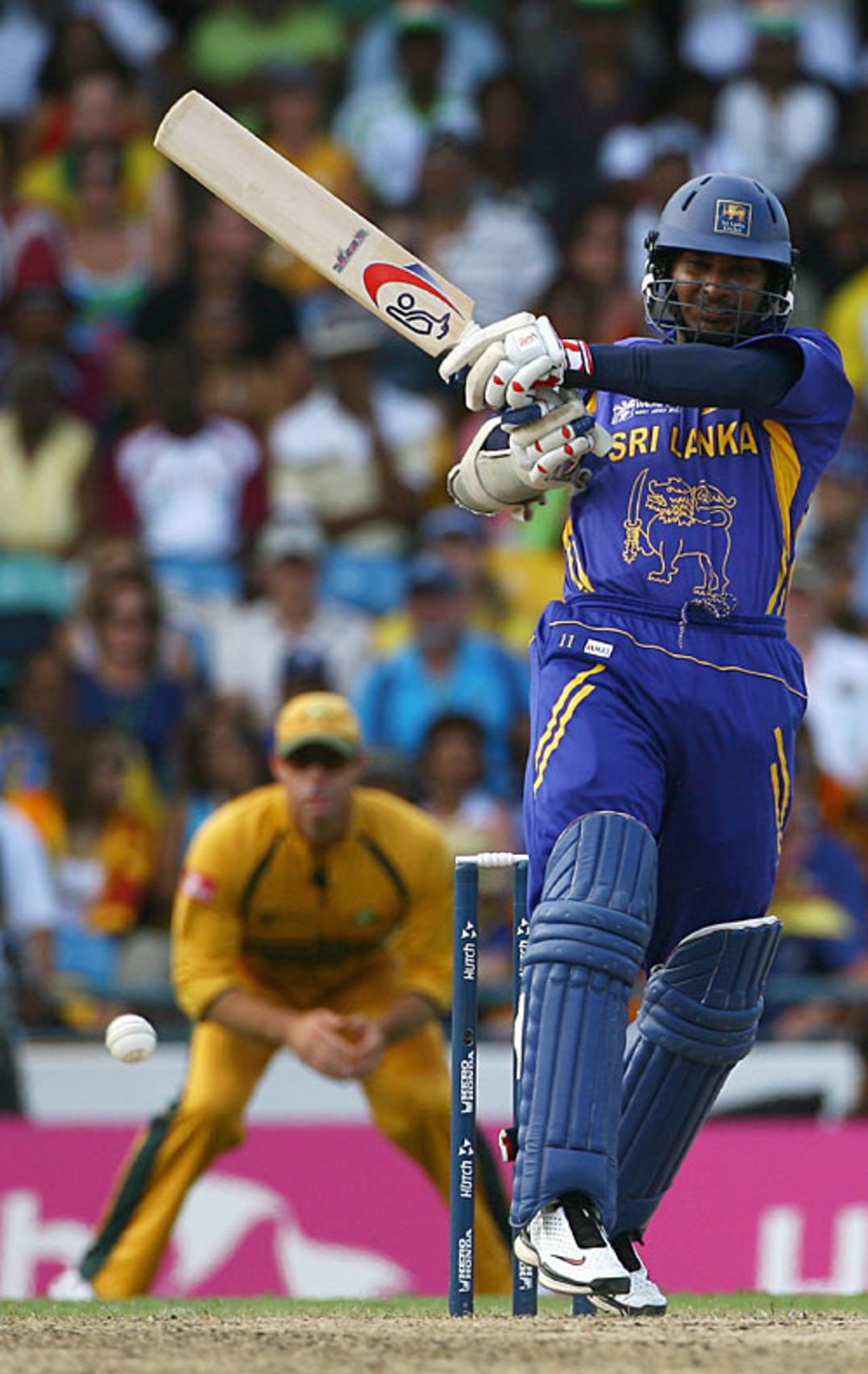 Kumar Sangakkara pulls powerfully during Sri Lanka's chase of 282 in the World Cup final, Australia v Sri Lanka, World Cup final, Barbados, April 28, 2007