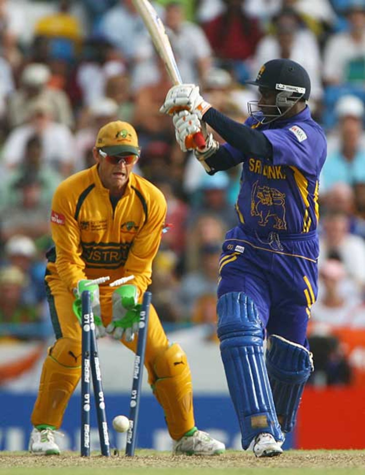 Sanath Jayasuriya swings and misses against Michael Clarke, Australia v Sri Lanka, World Cup final, Barbados, April 28, 2007