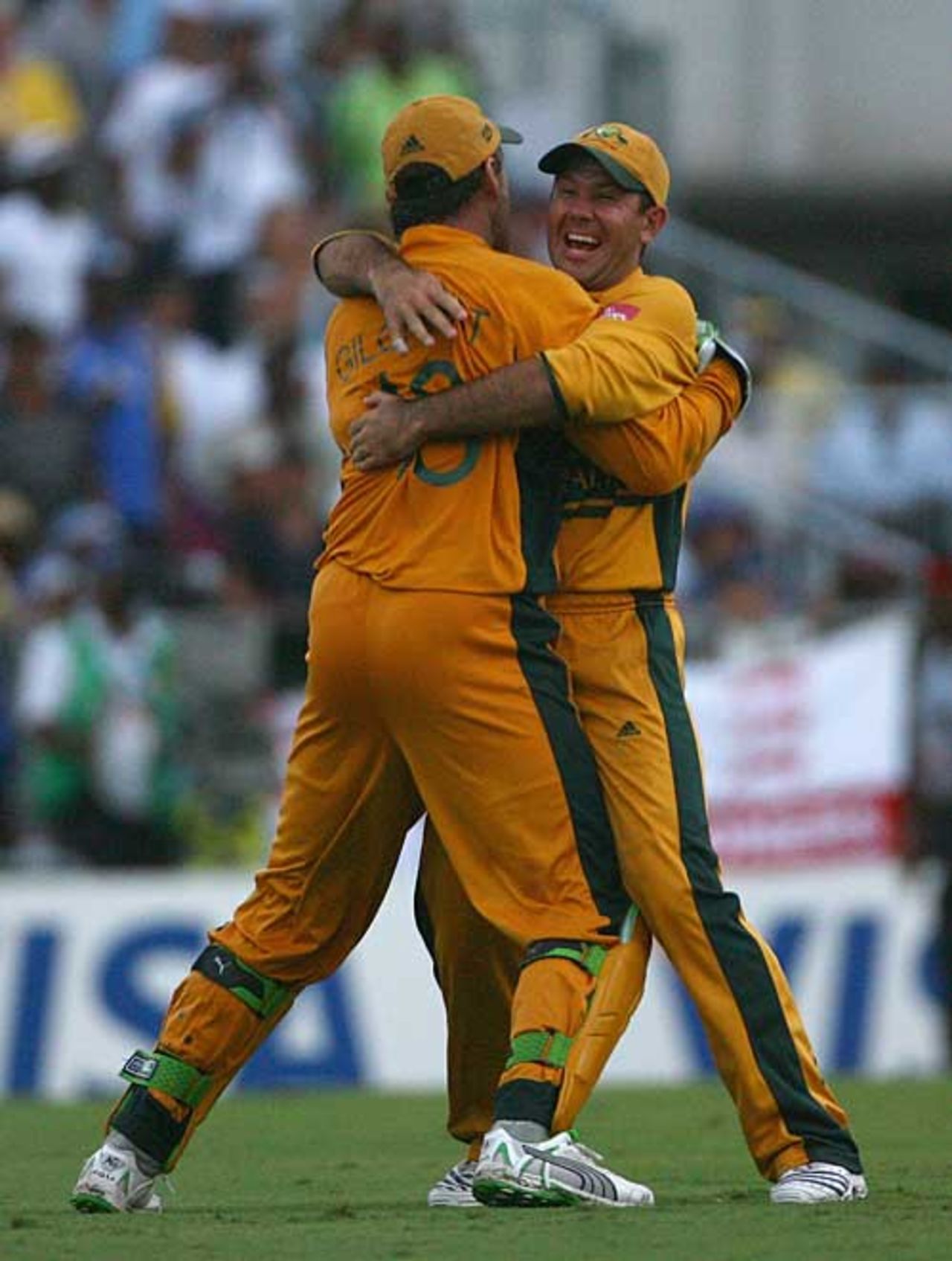 Ricky Ponting and Adam Gilchrist celebrate after the Sri Lanka batsmen take the light...but the final wasn't quite over, Australia v Sri Lanka, World Cup final, Barbados, April 28, 2007