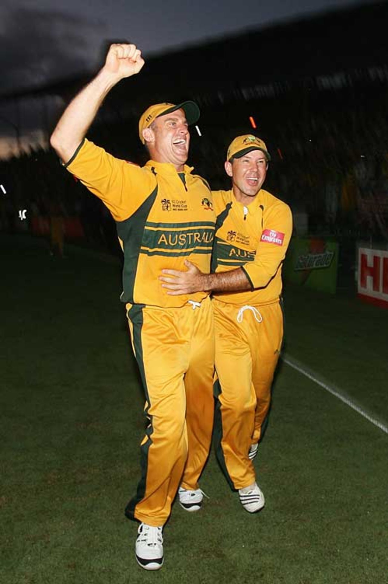Matthew Hayden and Ricky Ponting celebrate in the dark, Australia v Sri Lanka, World Cup final, Barbados, April 28, 2007