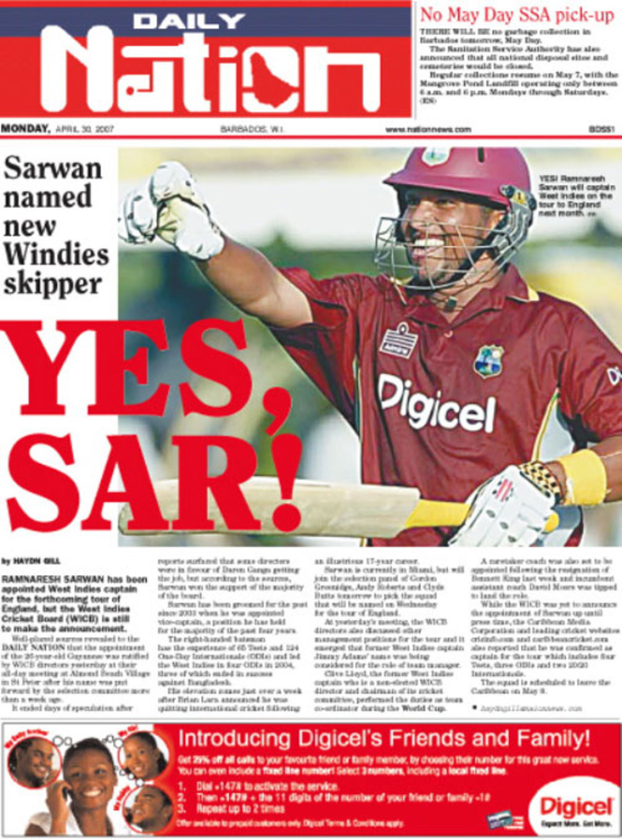 <I>The Nation</I> breaks the news of Sarwan's appointment