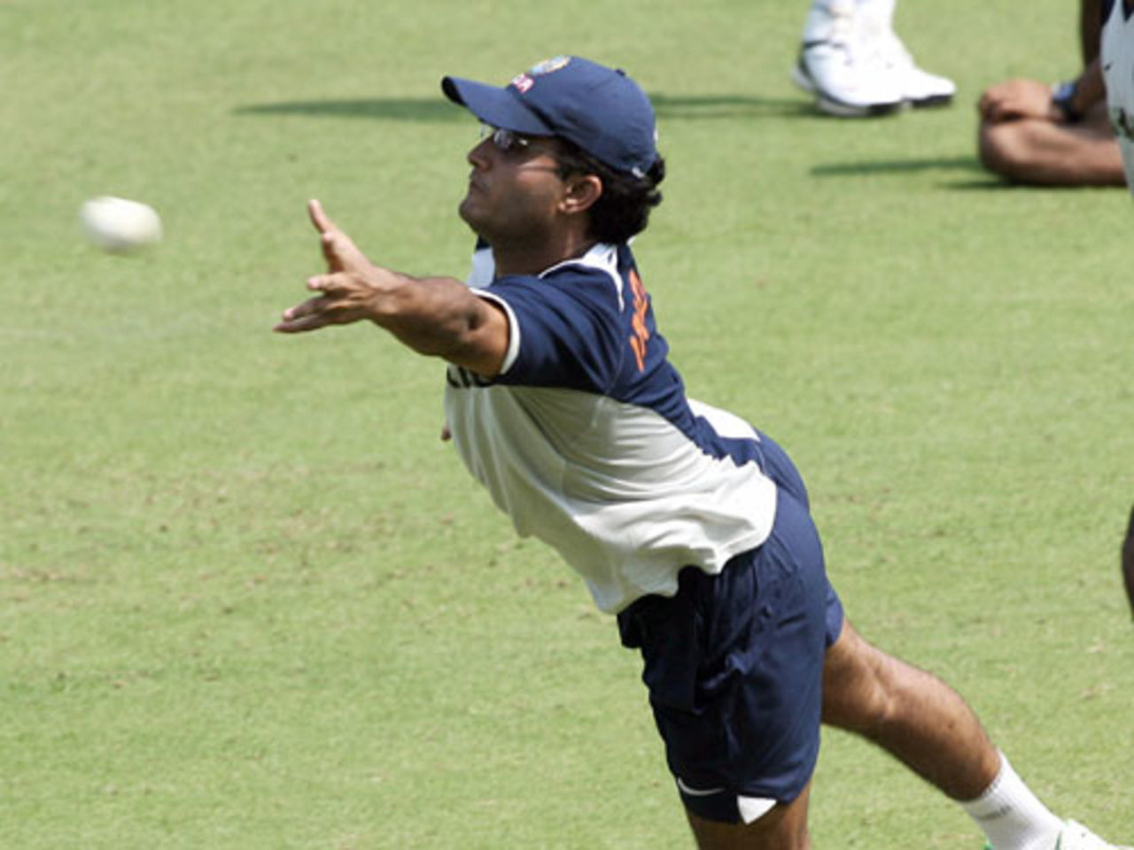 Sourav Ganguly dives for a catch during a practice session, Kolkata, May 3, 2007