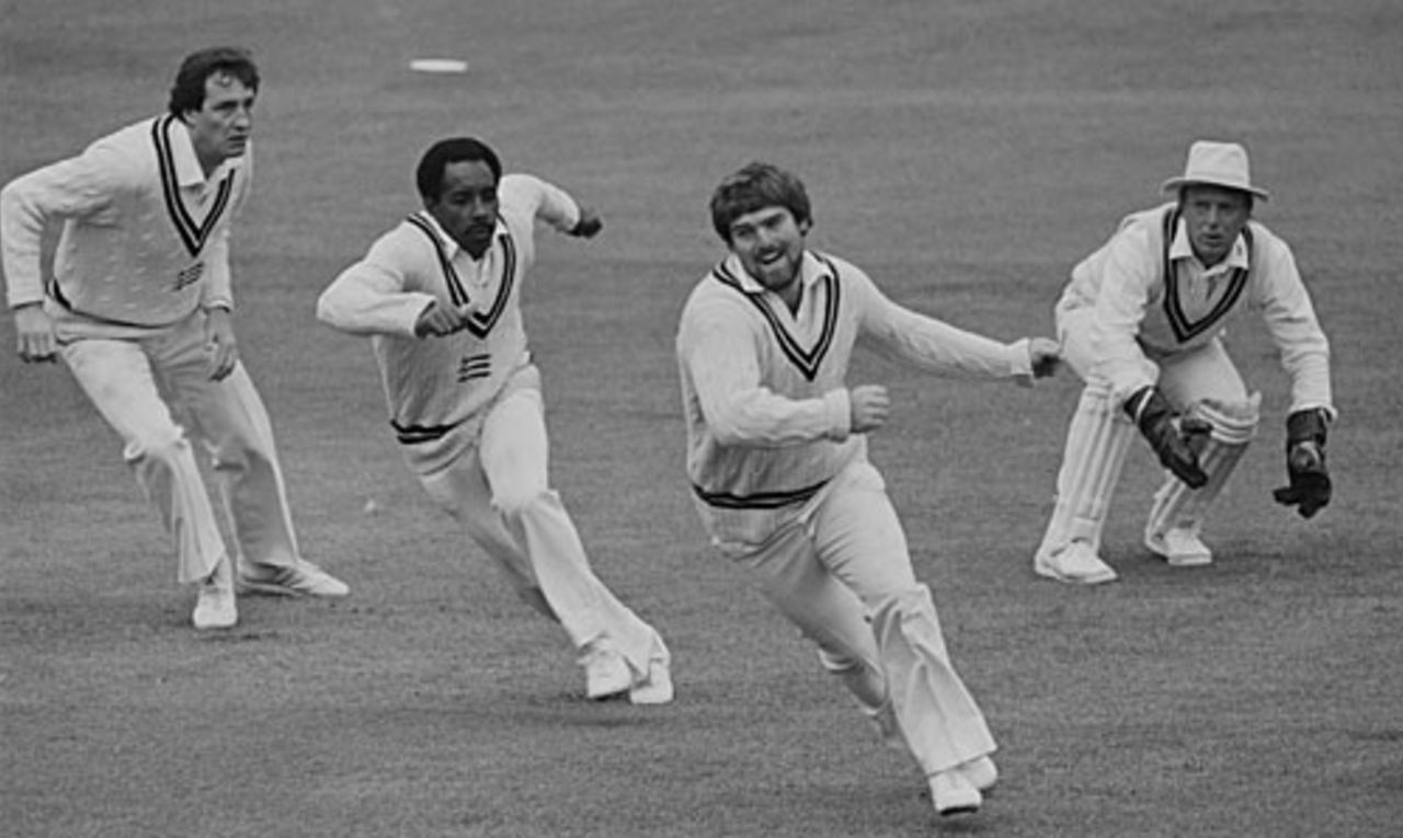 John Emburey, Roland Butcher, Mike Gatting and Paul Downton set off after an edge flies through the slips, Middlesex v Kent, Lord's, September 6, 1984