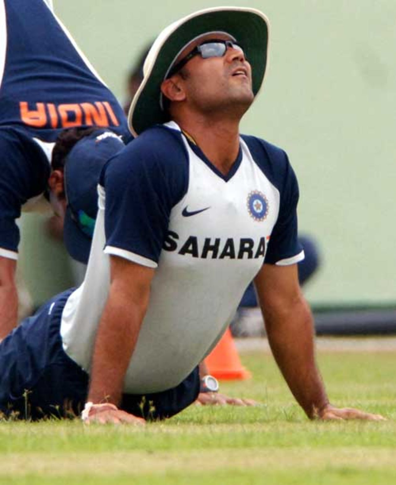 Virender Sehwag stretches out at a nets session, Mirpur Stadium, Dhaka, May 8, 2007
