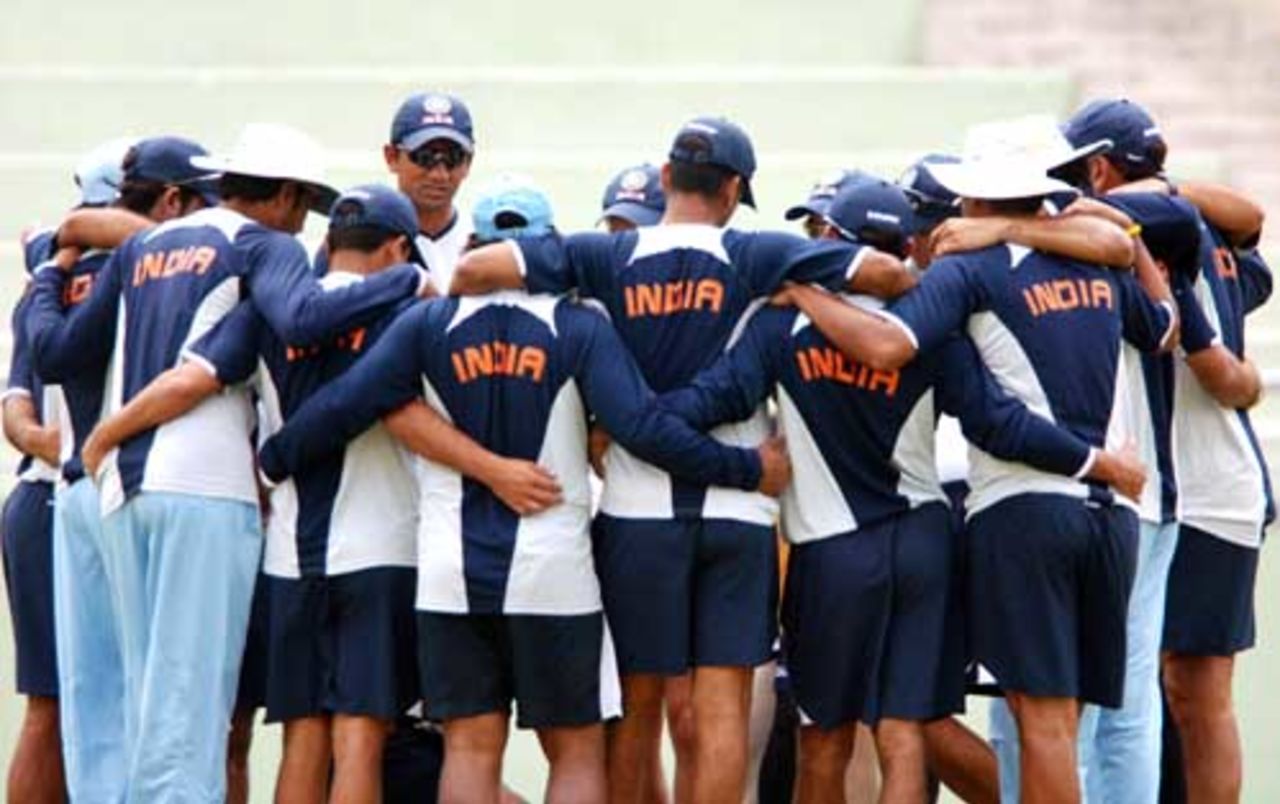 The Indian team huddles before a nets session, Mirpur Stadium, Dhaka, May 8, 2007