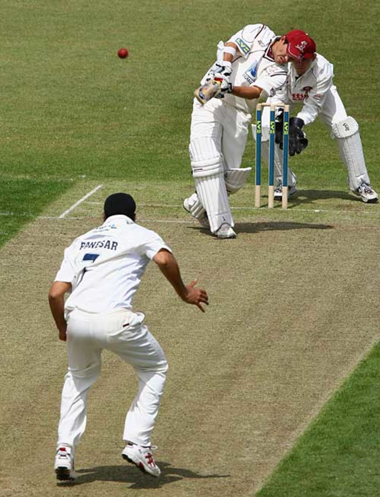 Justin Langer hits Monty Panesar over the top, Northamptonshire v Somerset, County Championship, Division Two, Northampton, May 8, 2007
