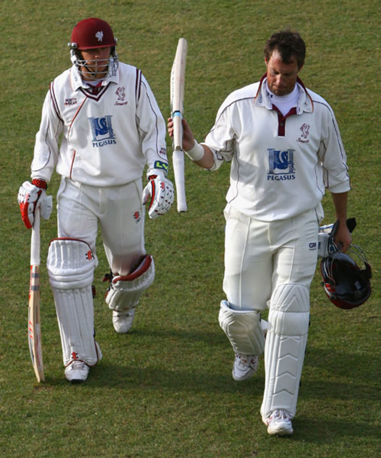 Marcus Trescothick, accompanied by James Hildreth,  returns to the pavilion unbeaten on 186 , Northamptonshire v Somerset, County Championship, Division Two, Northampton, May 8, 2007