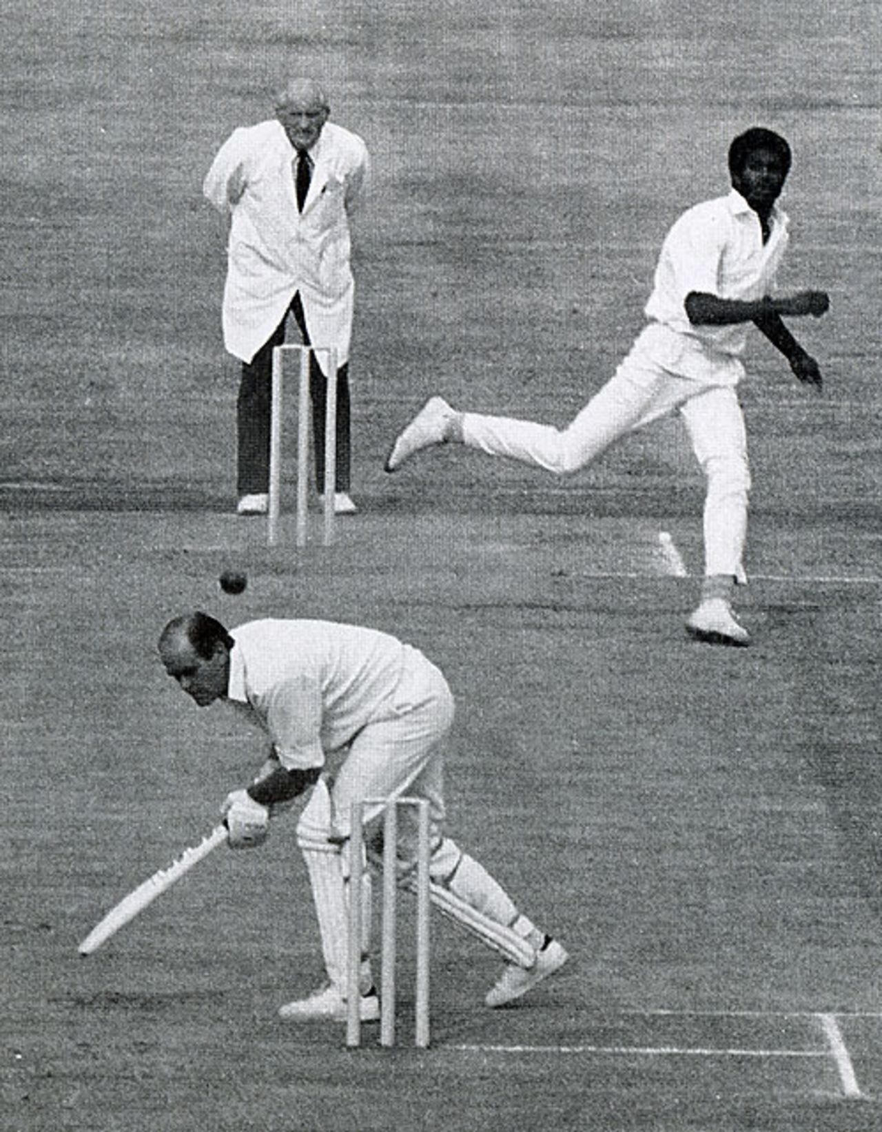 Brian Close sways out of the way of a Michael Holding bouncer, England v West Indies, Old Trafford, July 10, 1976