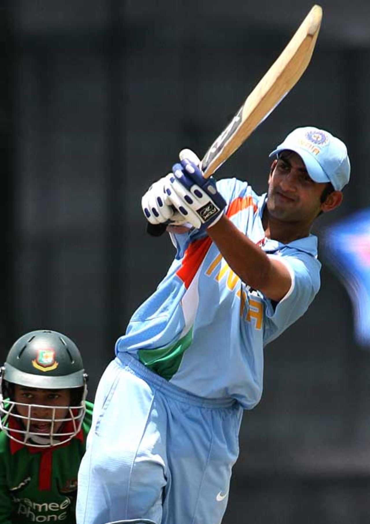 Gautam Gambhir uses his feet and lofts over the infield, Bangladesh v India, 2nd ODI, Mirpur, May 12, 2007