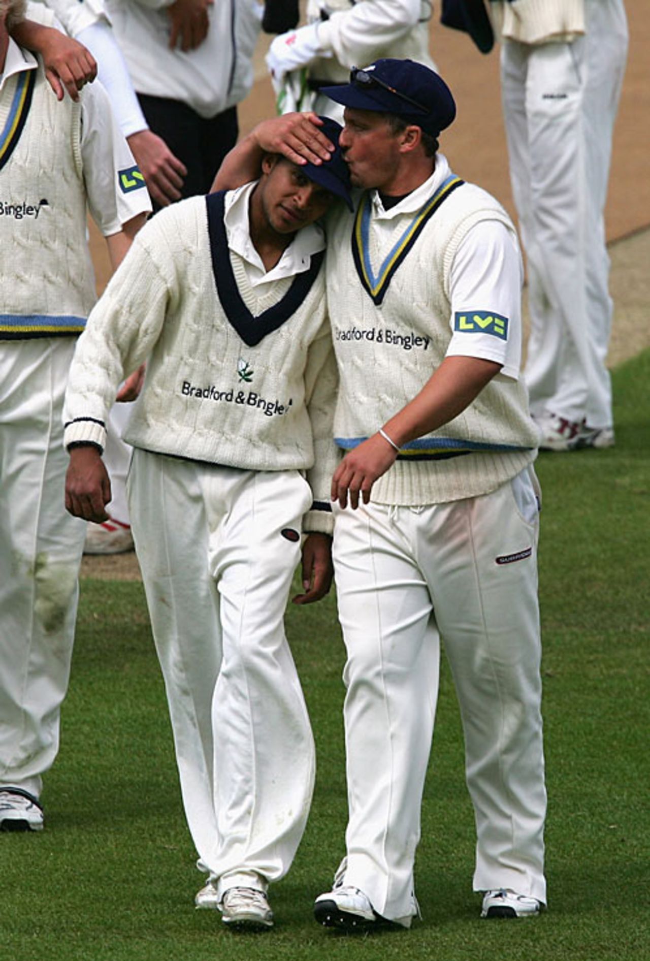 Adil Rashid receives a peck from his captain, Darren Gough, Yorkshire v Worcestershire, Headingley, May 12, 2007